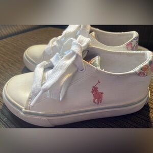 Girls Polo Ralph Lauren White & Pink Floral Sneakers Tennis Shoes Size 8
